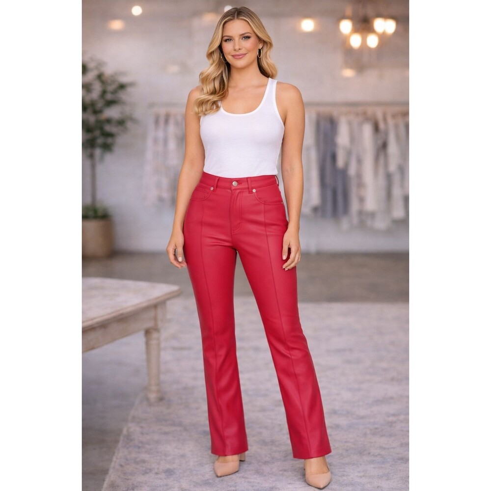 REVICE New Red Faux Leather Bootcut Flare Pants High Rise Women's 28 USA Made